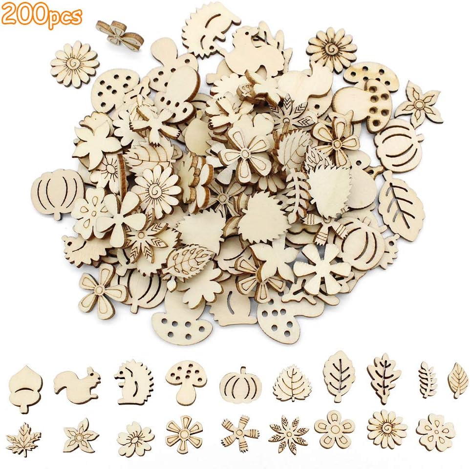 Dylan-EU 200 Pcs Wood Flower Leaf Embellishments, Cute Wooden Animal Shapes for Table Scatter Confetti, DIY Scrapbooking
