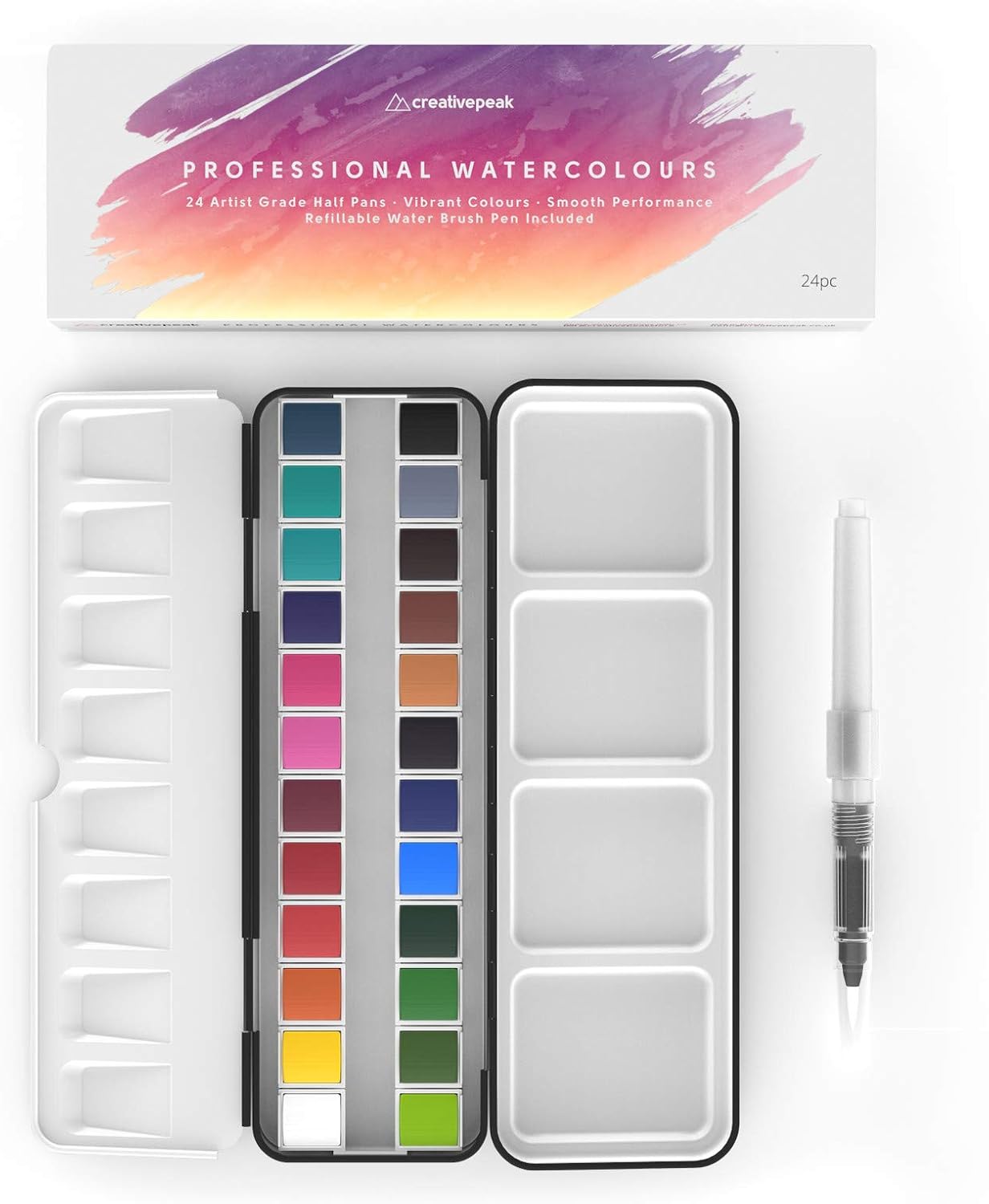 Creativepeak, Watercolour Paint Set, 24 Vibrant Watercolours with Blending Brush & Swatch Card