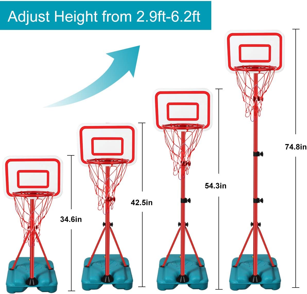 N/C Kids Basketball Hoop Stand Adjustable Height 2.9 ft -6.2 ft Indoor Basketball Hoop Outdoor Toys Outside Backyard Games Mini Hoop Basketball Goal Gifts for Boys Girls Toddlers Age 3 4 5 6 7 8: Toys & Games