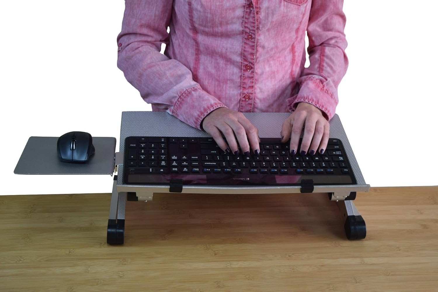WorkEZ Keyboard and Mouse Tray ergonomic adjustable height angle negative tilt sit to stand up on-desk table-top desktop standing computer stand riser lift raise keyboards to standing height, silver : Office Products