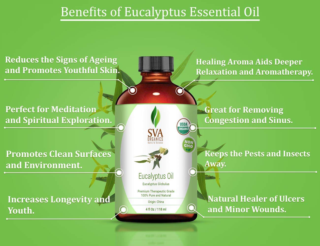 SVA Organics Eucalyptus Essential Oil Organic 4 Oz USDA with Dropper 100% Pure Natural Undiluted Premium Therapeutic Grade Oil for Diffuser, Aromatherapy, Face, Body & Hair Care: Beauty