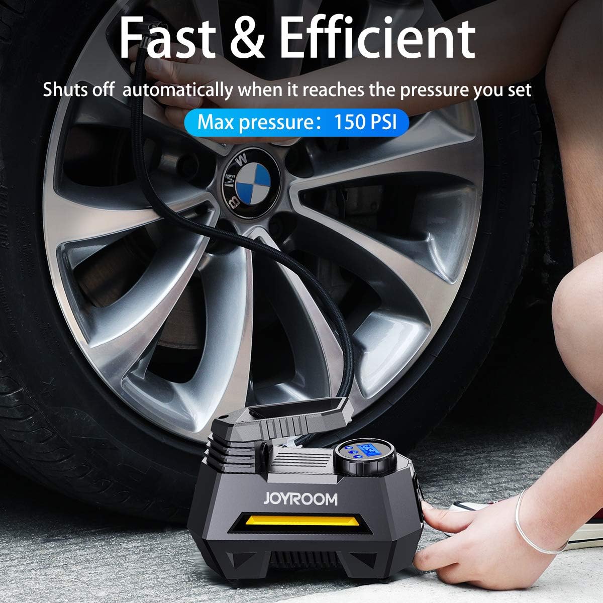 joyroom Portable Car Air Pump Tire Inflator CZK-3631, Tire Compressor with Digital Pressure Gauge (150 PSI 12V DC), Bright Emergency Flashlight - for Auto, Trucks, Bikes, Balls (Gray): Automotive