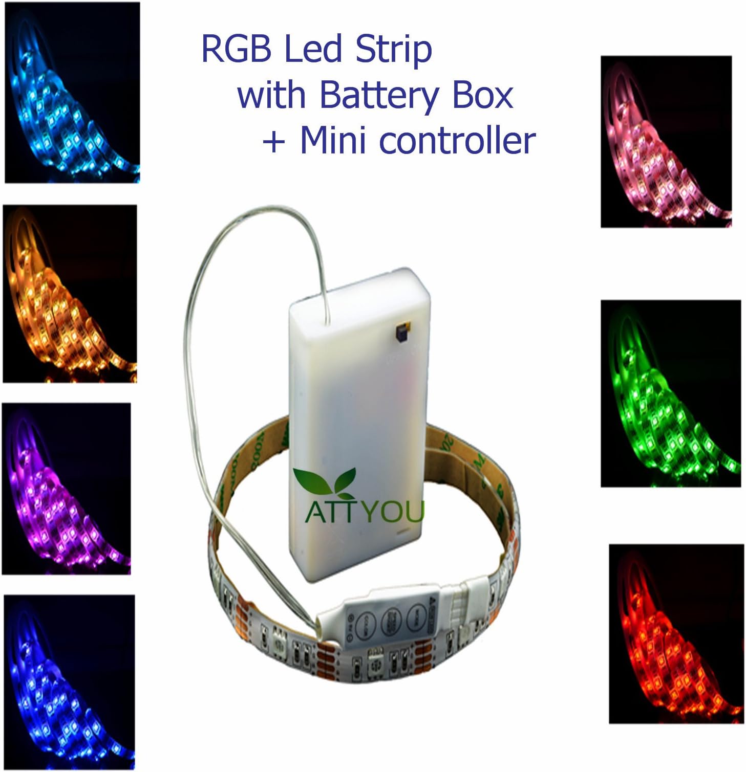 Attyou 50cm 1.65 feet LED Light RGB Strip 5V + Battery box + Controller Battery Powered Multi Color