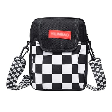 Editha Editha Women Girls Checkerboard Plaid Pattern Cross Body Bag Small Grid Nylon Satchel Adjustable Shoulder Bag Phone Pouch Wallet Purse 3064 Black White