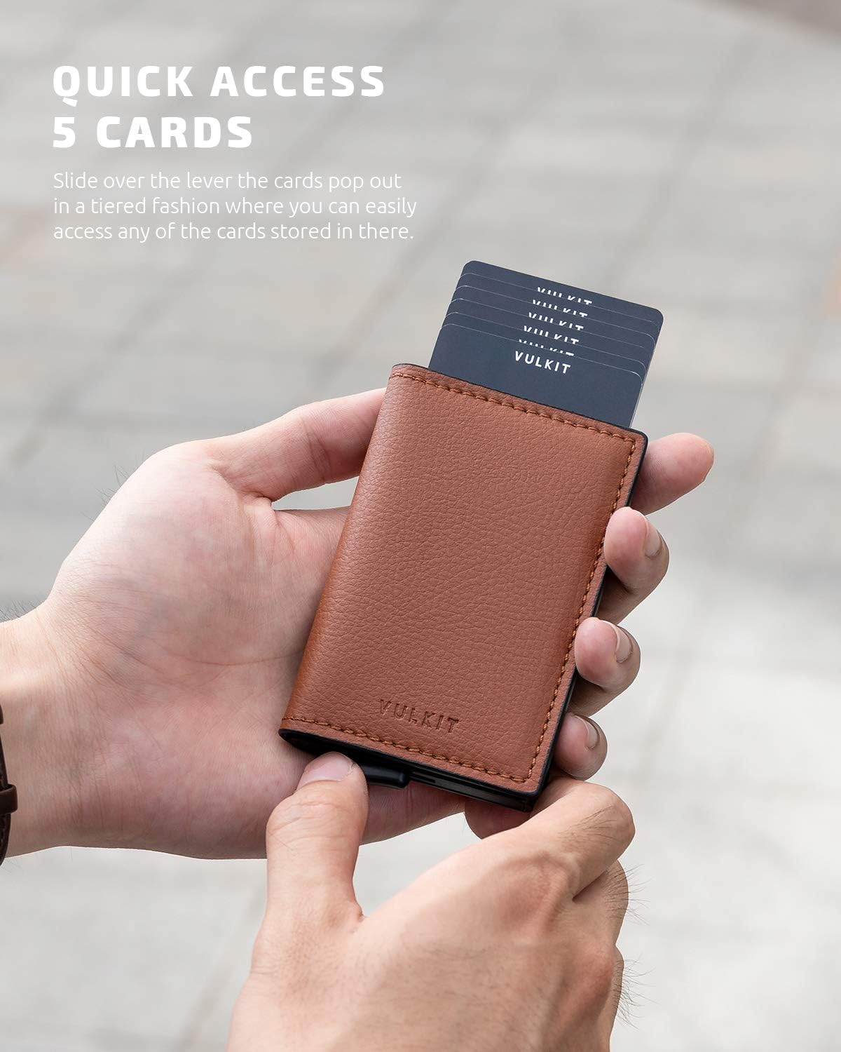 VULKIT Credit Card Holder for Men Leather Card Wallet RFID Blocking Pop Up Metal Bank Card Case with 3 Slots for Cards & Notes, Brown - Image 3