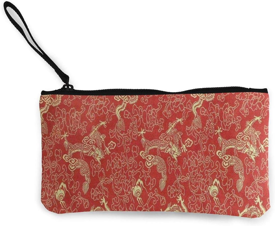 Canvas Coin Purse Chinese Red Gold Dragon Customs Zipper Pouch Wallet For Cash Bank Car Passport