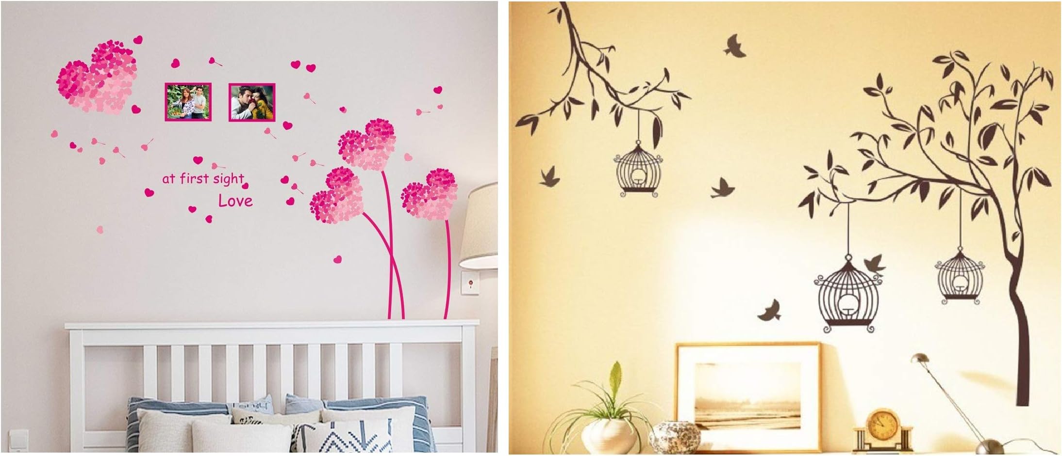 Decals Design Polyvinyl Chloride, Vinyl Tree with Birds and Cages, Heart Shaped Flowers with Blowing Petals Wall Stickers