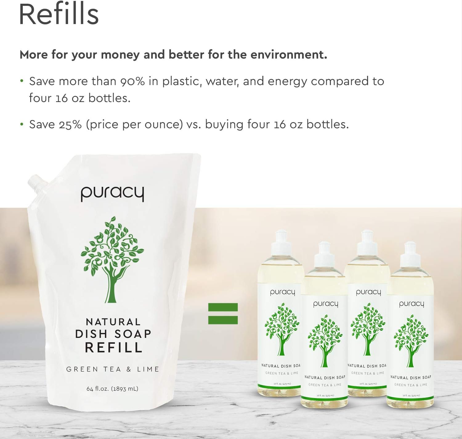 Puracy Natural Dish Soap Refill, Green Tea & Lime, 64 Ounce, Hypoallergenic Non-Drying Liquid Detergent: Health & Personal Care