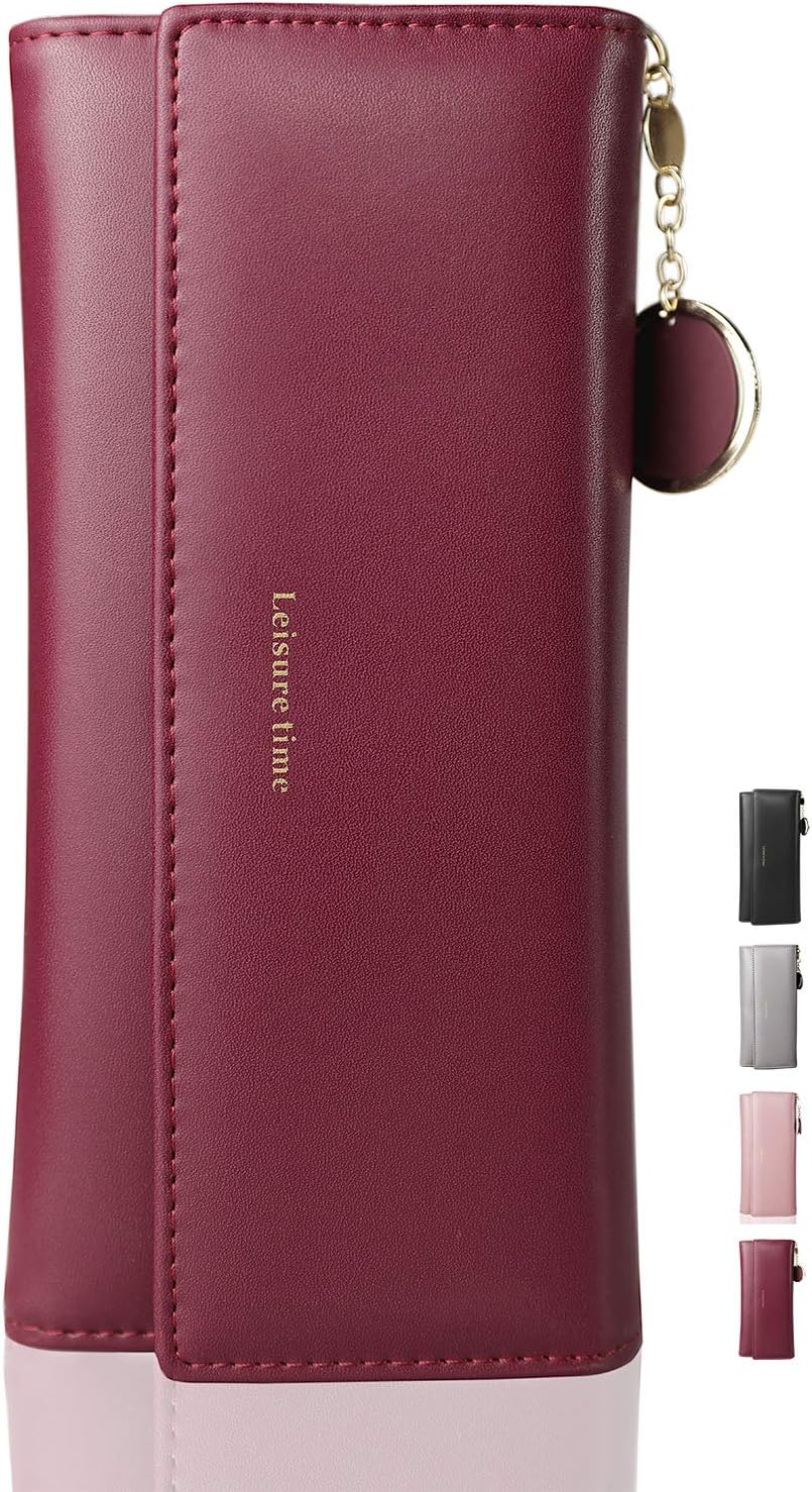 Women Wallet, Ladies PU Leather Purse with Large Capacity,Mutiple Card Slots-Long Wallet with Metal Ring Pendant,Zipper Pocket,Fashion Coin Card Keys Holder(Red).