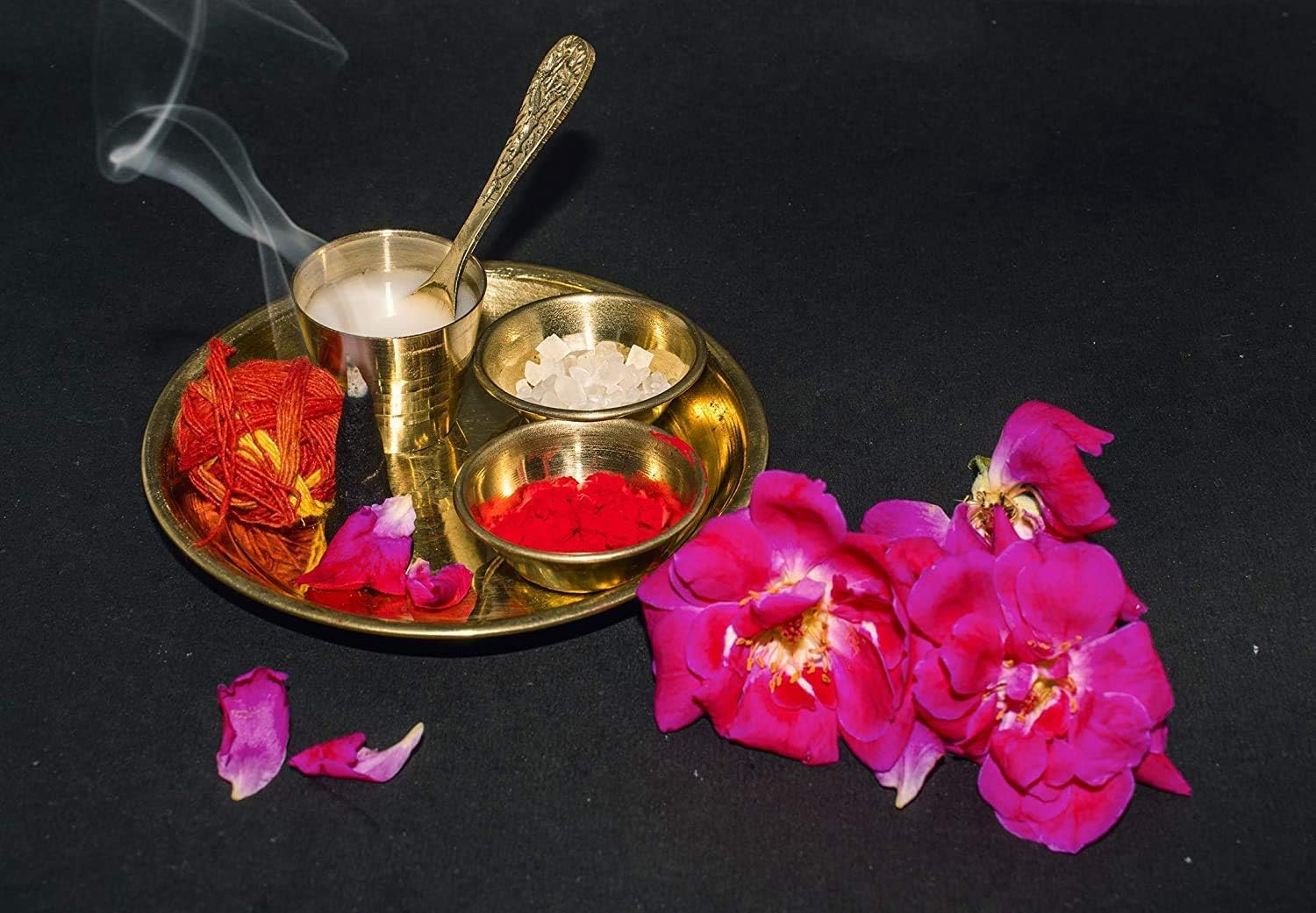 RSP Quality bit® Puja Thali for Home and Temple Use (2 Katori, 1 Glass, 1 Spoon 1 Thali) Golden Pack of 1