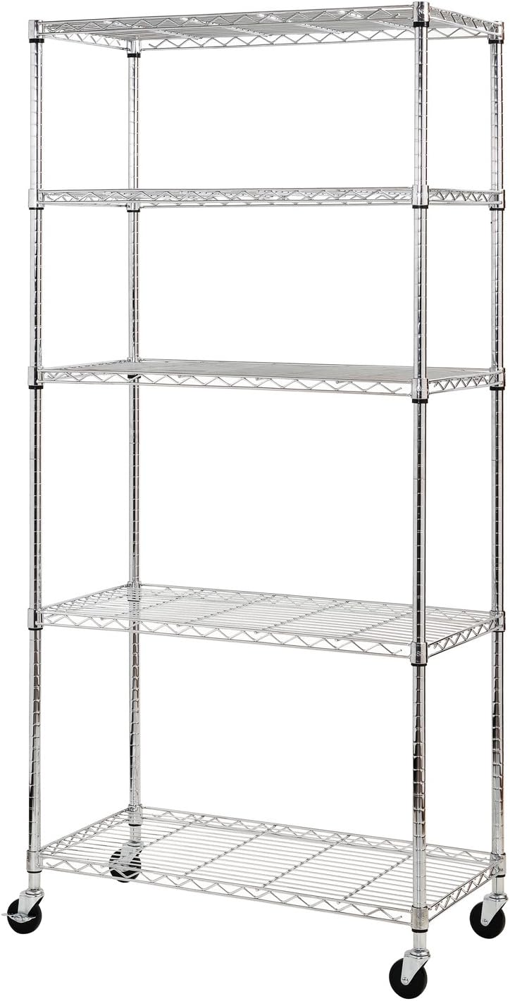 Sandusky MWS361872 5-Tier Mobile Wire Shelving Unit with 3" Rubber Casters, 5 Wire Shelves, Chrome, 72" Height x 36" Width x 18" Depth