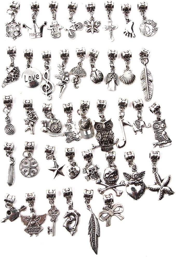 Tibetan Silver Connectors Bails Mix Beads with Pendant Fit Charm European Bracelet Jewelry Making (40pCS, Mix5)