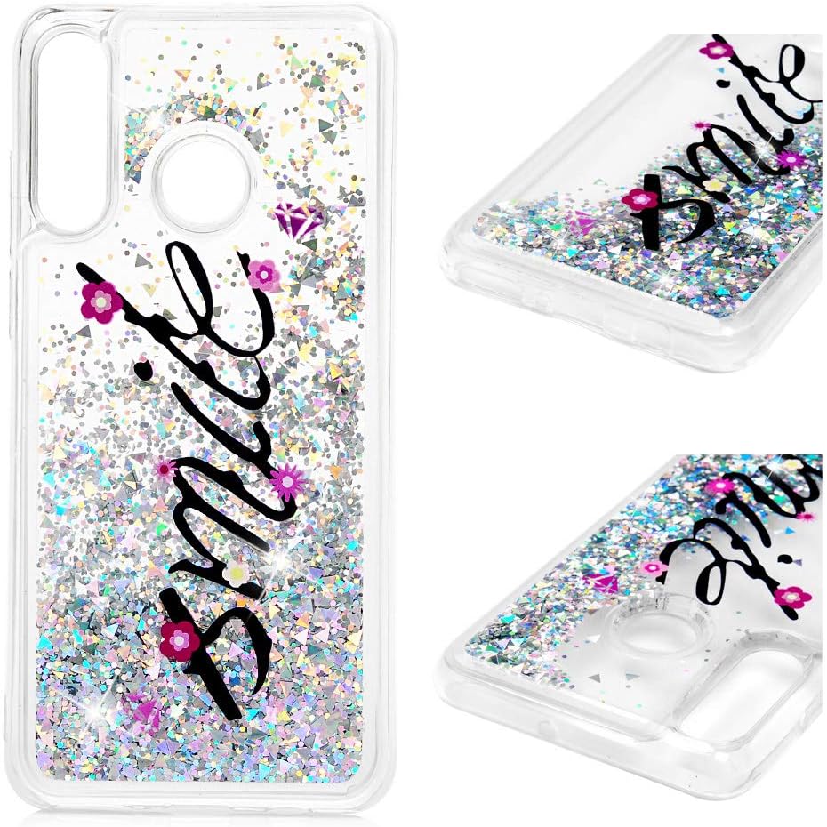 Huawei P30 Lite Case, Clear Liquid Glitter Case Bling Shiny Sparkle Flowing Moving Love Hearts Cover Crystal Slim Fit Protective TPU Bumper Shockproof Skin for Huawei P30 Lite Diamond Flower
