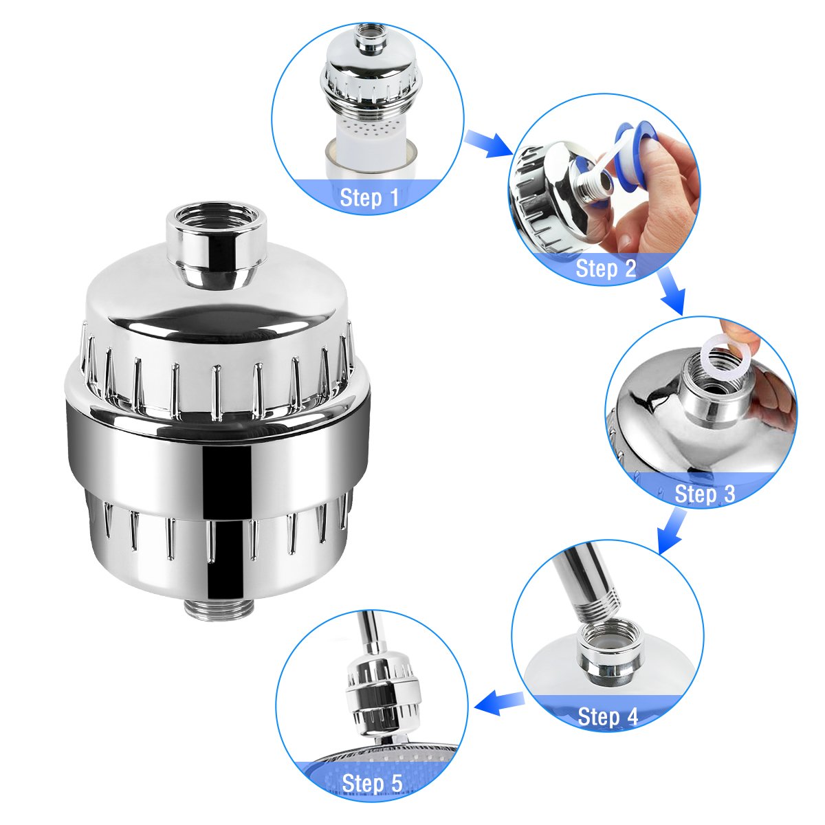 Filtre de Douche,VDROL 12 Etapes avec 4 Cartouches de Remplacement Purificateur Eau Calcaire Filtre a Eau de Douche Empêche les Cheveux et la Peau de Sécheresse, Supprimer le Chlore, le Métal Lourd