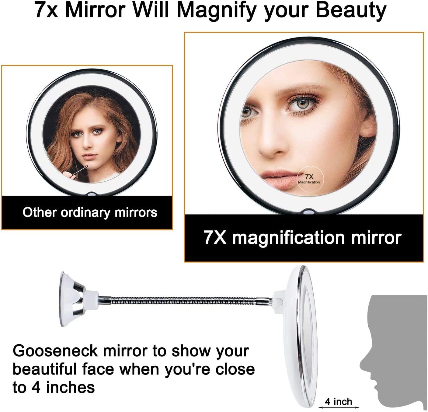 7X Magnifying Mirror with Lights, Flexible Mirror as seen on TV, Powerful Suction Cup, 360° Swivel Flexible Gooseneck Led Lighted Makeup Mirror for Bathroom Shaving Travel Vanity, Cordless -