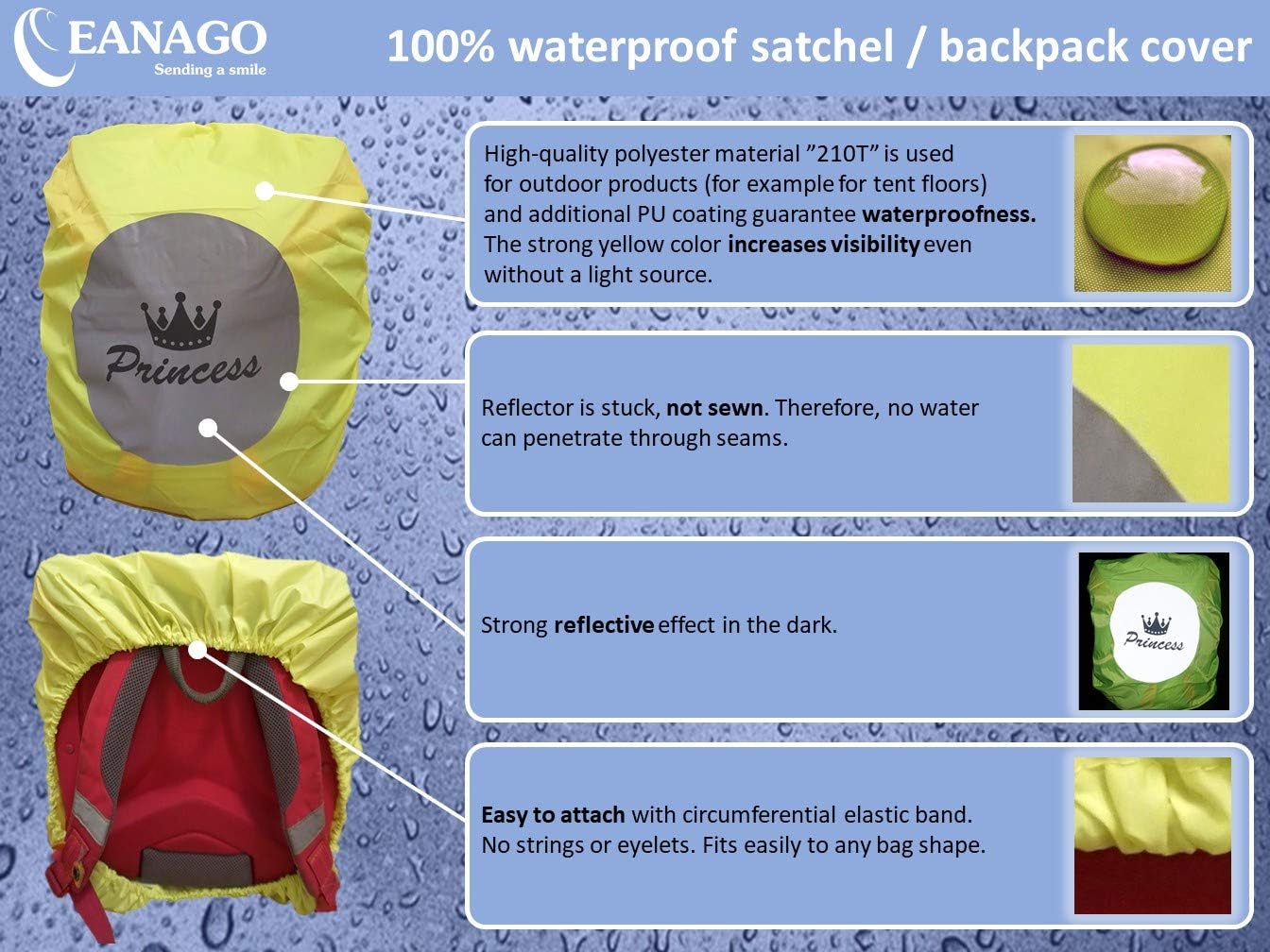 Schoolbag rucksack backpack satchel rain cover/rain cover with reflection picture princess, Yellow - Image 4