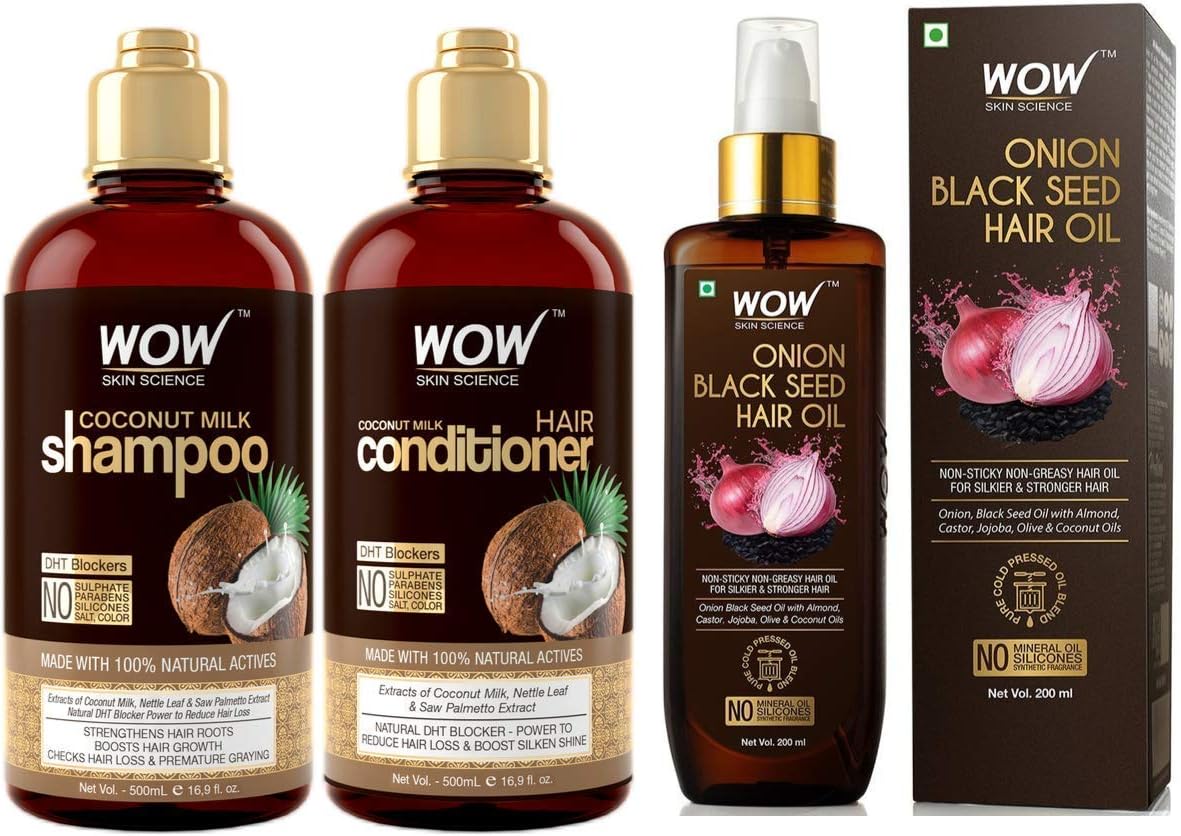 WOW Coconut Milk Shampoo & Conditioner Set (2x500ml) and Onion Black Seed Hair Oil (200ml) Bundle Kit - For Thicker, Fuller, Healthy Hair - Infused with Natural Ingredients For Maximum Nourishment