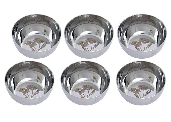 Dharam Paul Traders Stainless Steel Heavy Weight Laser Printed Flower Design Katori Bowls (Silver) -Set of 6