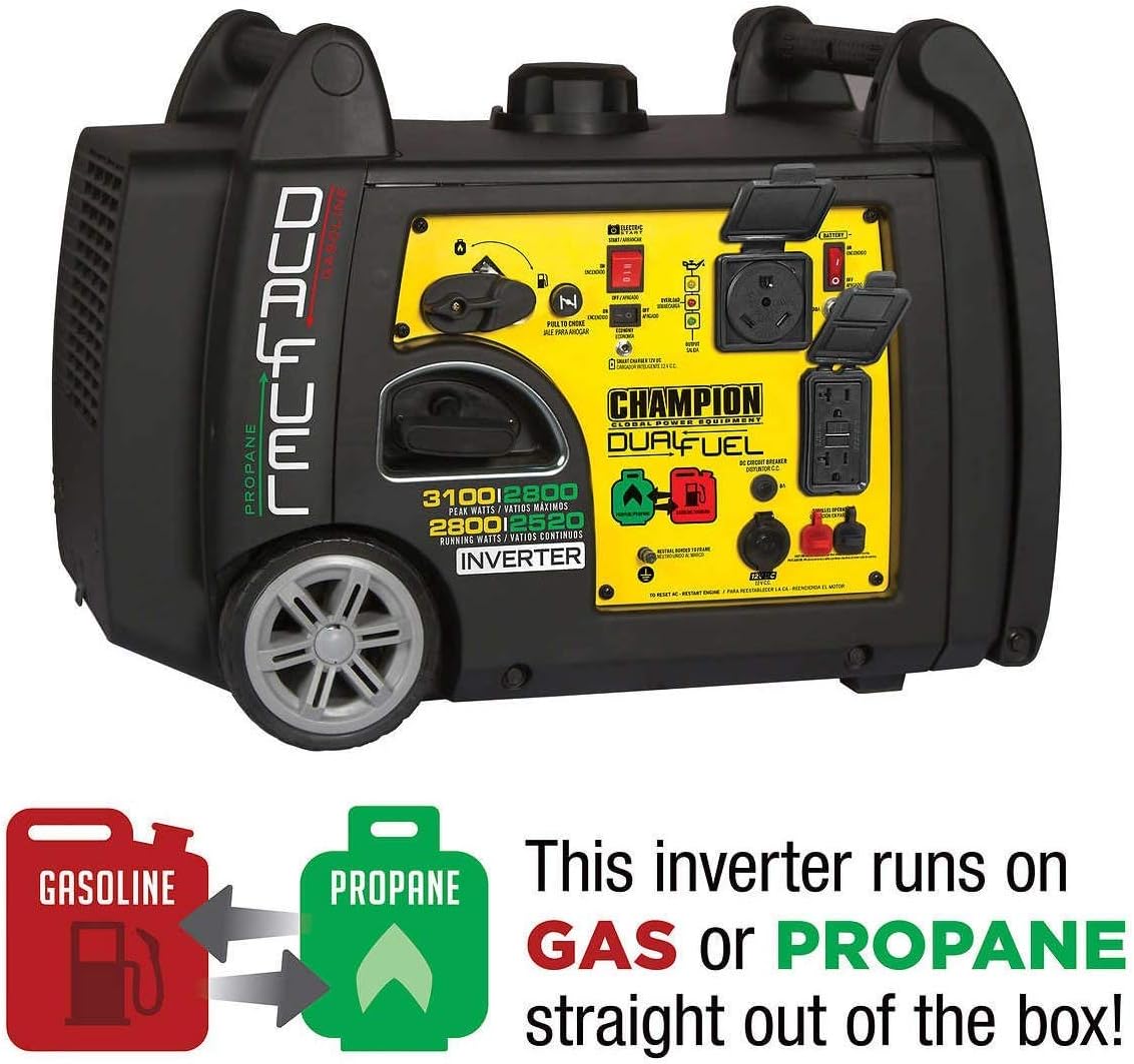 Champion DUAL-FUEL 2800wt Running / 3100wt Peak Digital Inverter Generator, Electric Start, RV Ready, Parallel Capable, CARB & EPA Certified, Low Decibels