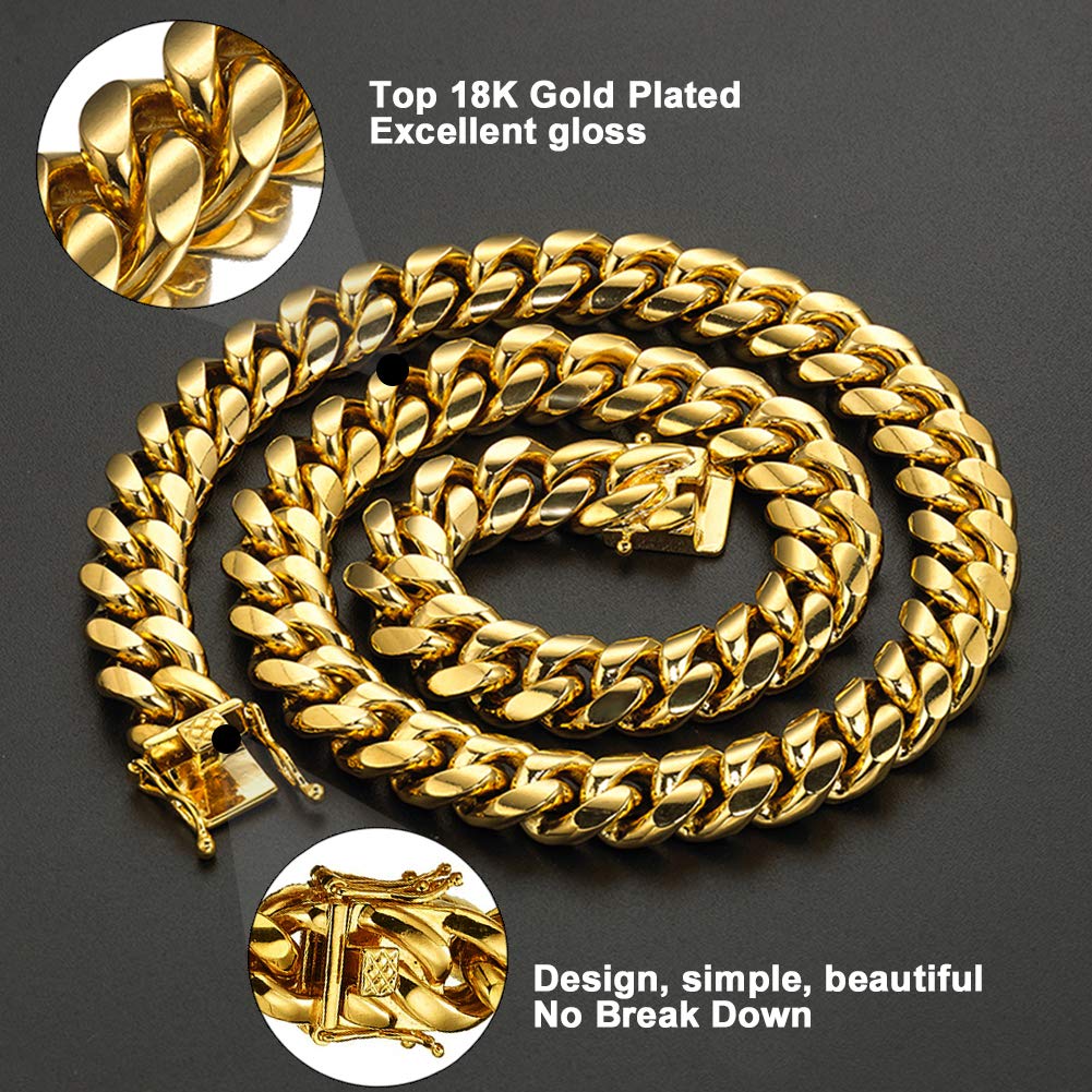 Jewelry Kingdom 1 Necklace and Bracelet for Men, 24K Gold Cuban Link Chain, Big and Heavy Miami Chain, 15MM Stainless Steel Curb Chain Choker for Boys and Bikers 8-30inches