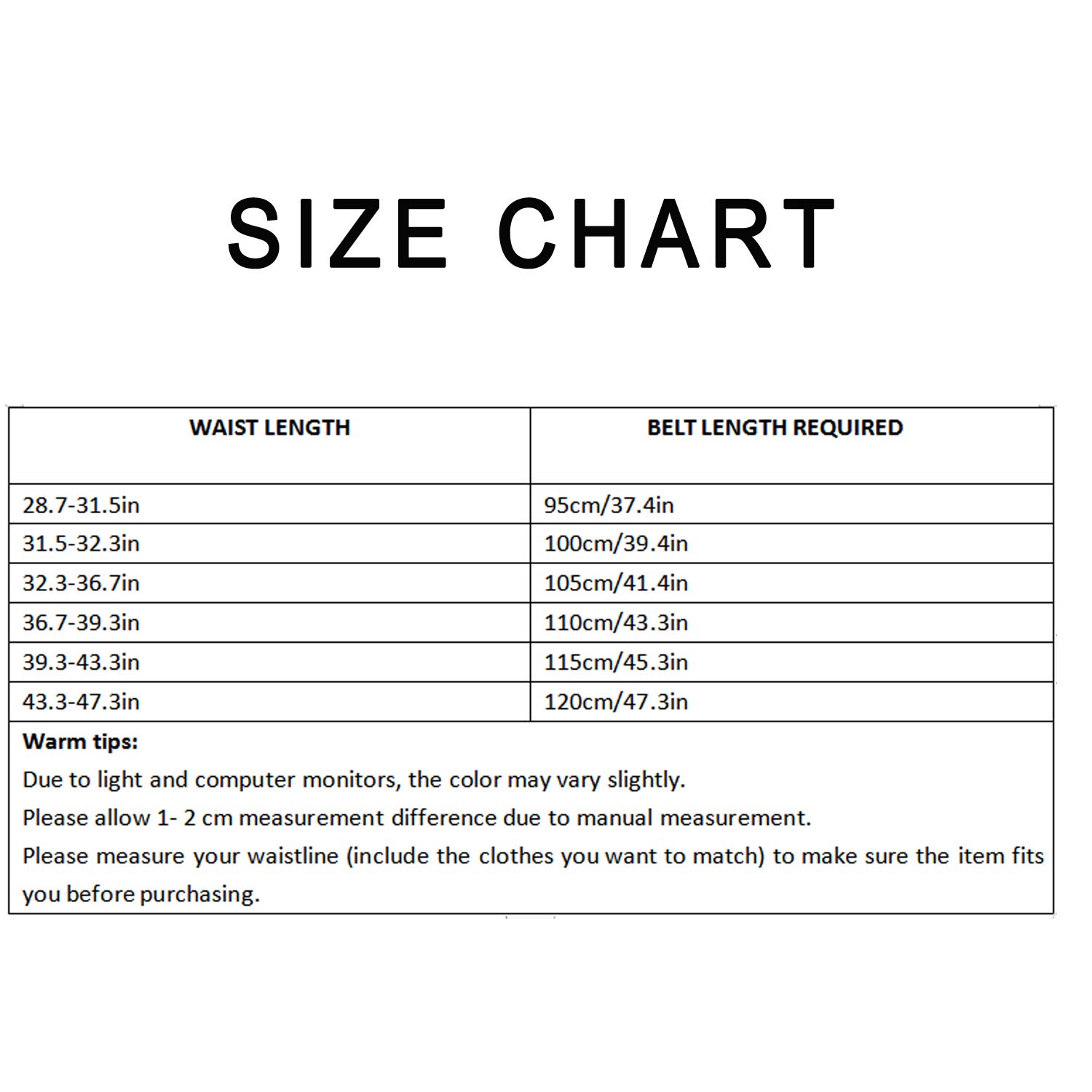 115 cm belt size chart