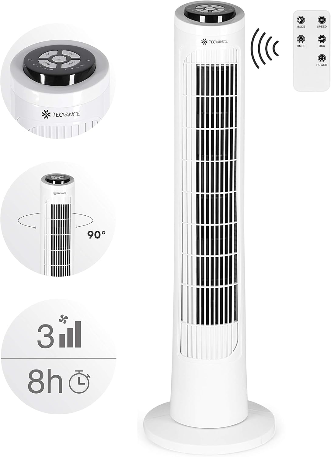 TECVANCE 4250772310432 Weiß, Tower Fan Basic-Turmventilator leise mit Fernbedienung, Säulenventilator, 90° oszillierender Ventilator, Turm Standventilator mit Zeitschaltuhr, 76 cm x 25,5 cm