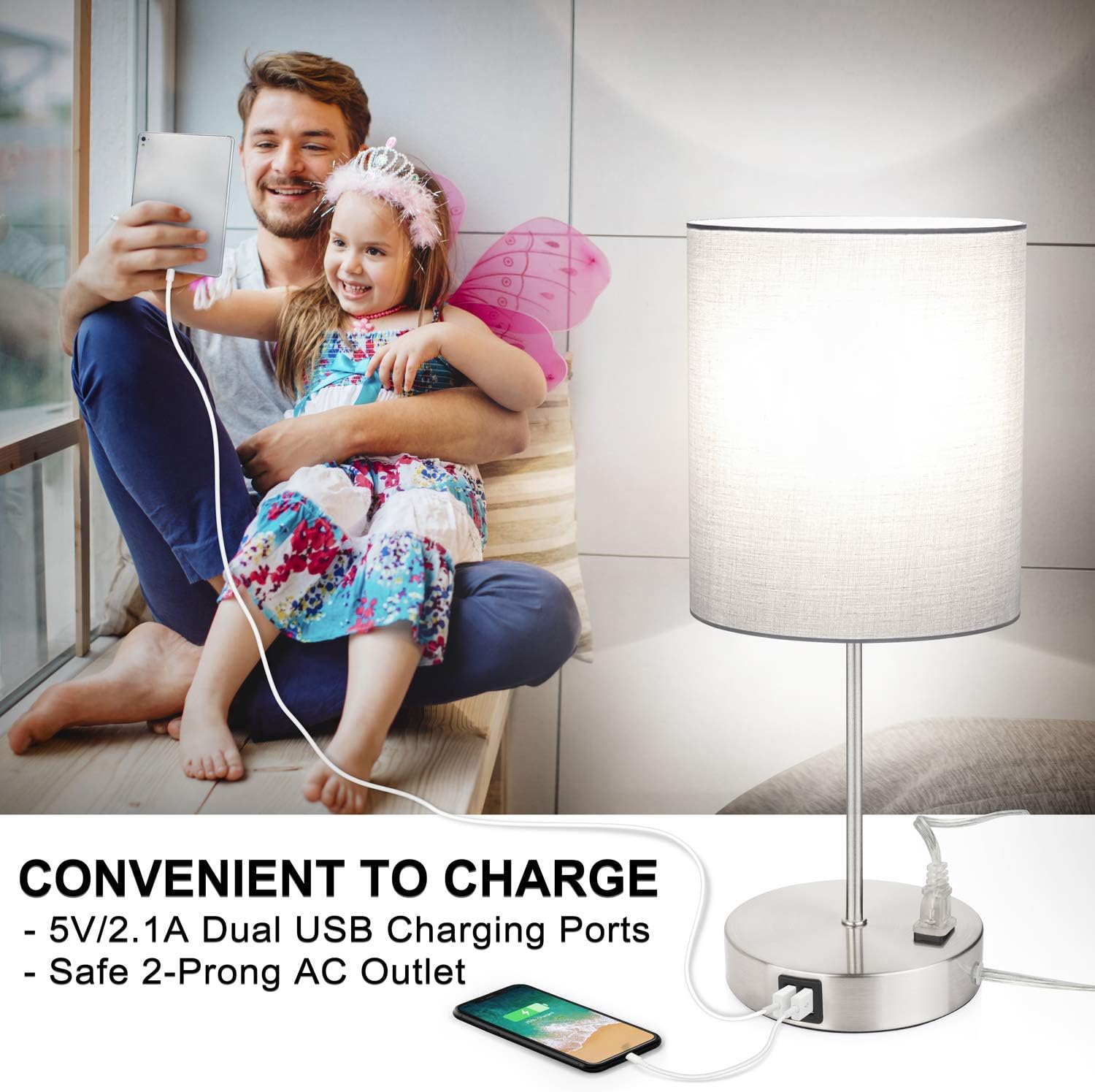 Touch Control Table Lamp, 3 Way Dimmable Bedside Desk Lamp with 2 Fast USB Charging Ports and AC Outlet, Nightstand Lamp for Bedroom Living Room, Modern Office Lamp, Silver Base, 60W LED Bulb Included: Home Improvement