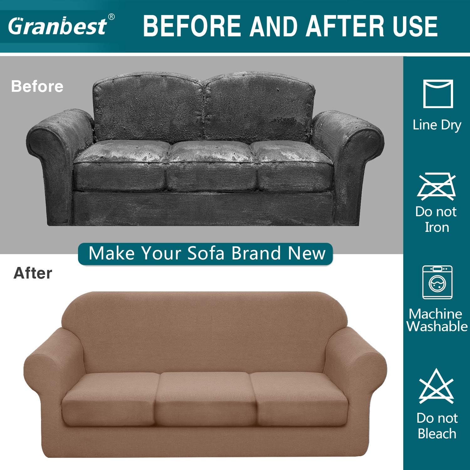 Granbest 4 Piece Premium Water-Repellent Sofa Slipcover for 3 Cushion Couch High Stretch Sofa Cover for 3 seat Sofa Super Soft Fabric Couch Cover for Dogs Pets Furniture Cover (Large, Khaki): Furniture & Decor