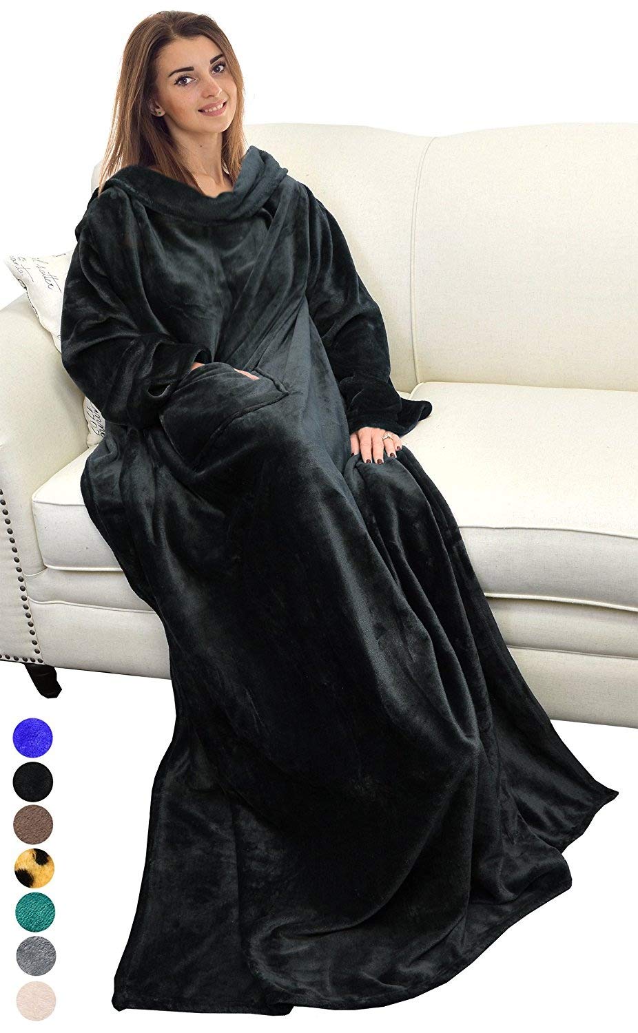 Catalonia Platinum Blanket with Sleeves, Ultra Plush Fleece Warm Blankets for Adult Women Men 185cm x 130cm, Black