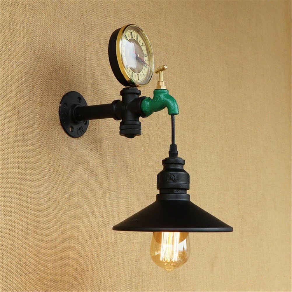 HJZY Lighting Loft Vintage Industrial Wrought Iron Metal Wall Lamps E27 Edison Water Pipe Wall Lights Bedside Rustic Steampunk Wall Accent Lamps for Living Room Bedroom Cafe Bar with Clock Home Decoration