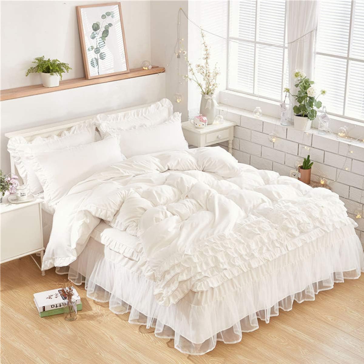 Amazon Com Luckybull Ruffle Bedding Sets 4 Piece Twin Size Ruffle Duvet Cover Sets White Romantic Bed Cover Set With Tulle 1 Duvet Cover 1 Bedskirt 2 Pillowcases Kitchen Dining