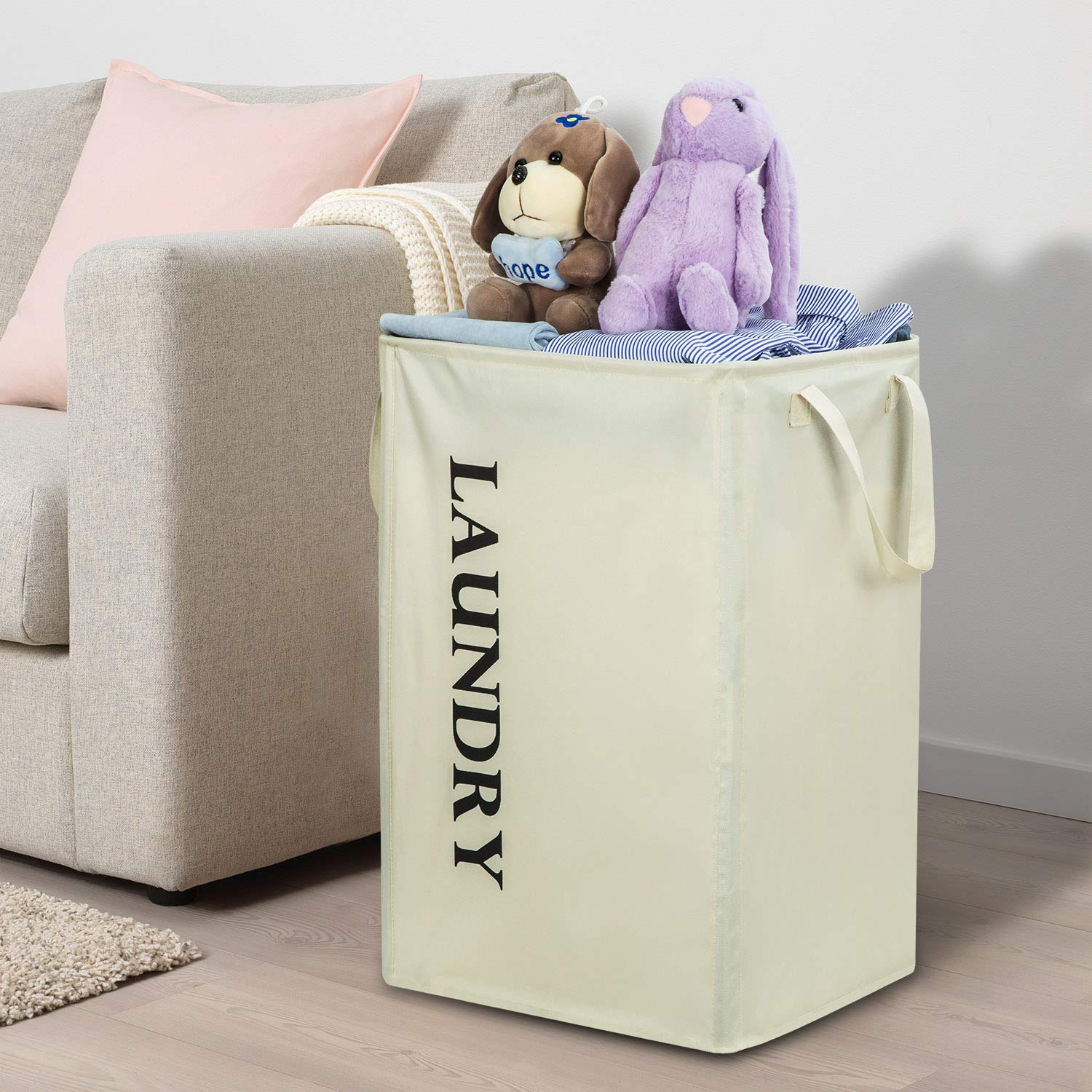 Chrislley Large Laundry Basket with Handles Collapsible Laundry Hamper Foldable Rectangular Laundry Bin 600D Oxford Fabric Waterproof Laundry Bag 73.6L (Beige)