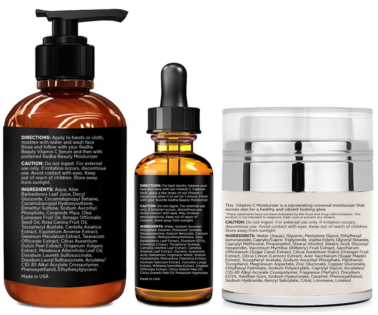 Radha Beauty Vitamin C Complete Facial Care Kit - 3-in-1 Anti-Aging Set with Cleanser, Serum, and Moisturizer for Wrinkles, Dark Spots, and Acne. Day & Night Brightening Skincare Gift Set: Beauty