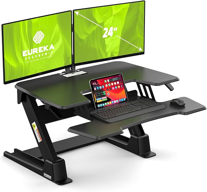 Professional Ergonomic Standing Desk Converter 36'' Height Adjustable Stand Up Desk, V2 Gas Spring Sit to Stand Tabletop Workstation with Keyboard Tray for Dual Monitors Eureka- Black