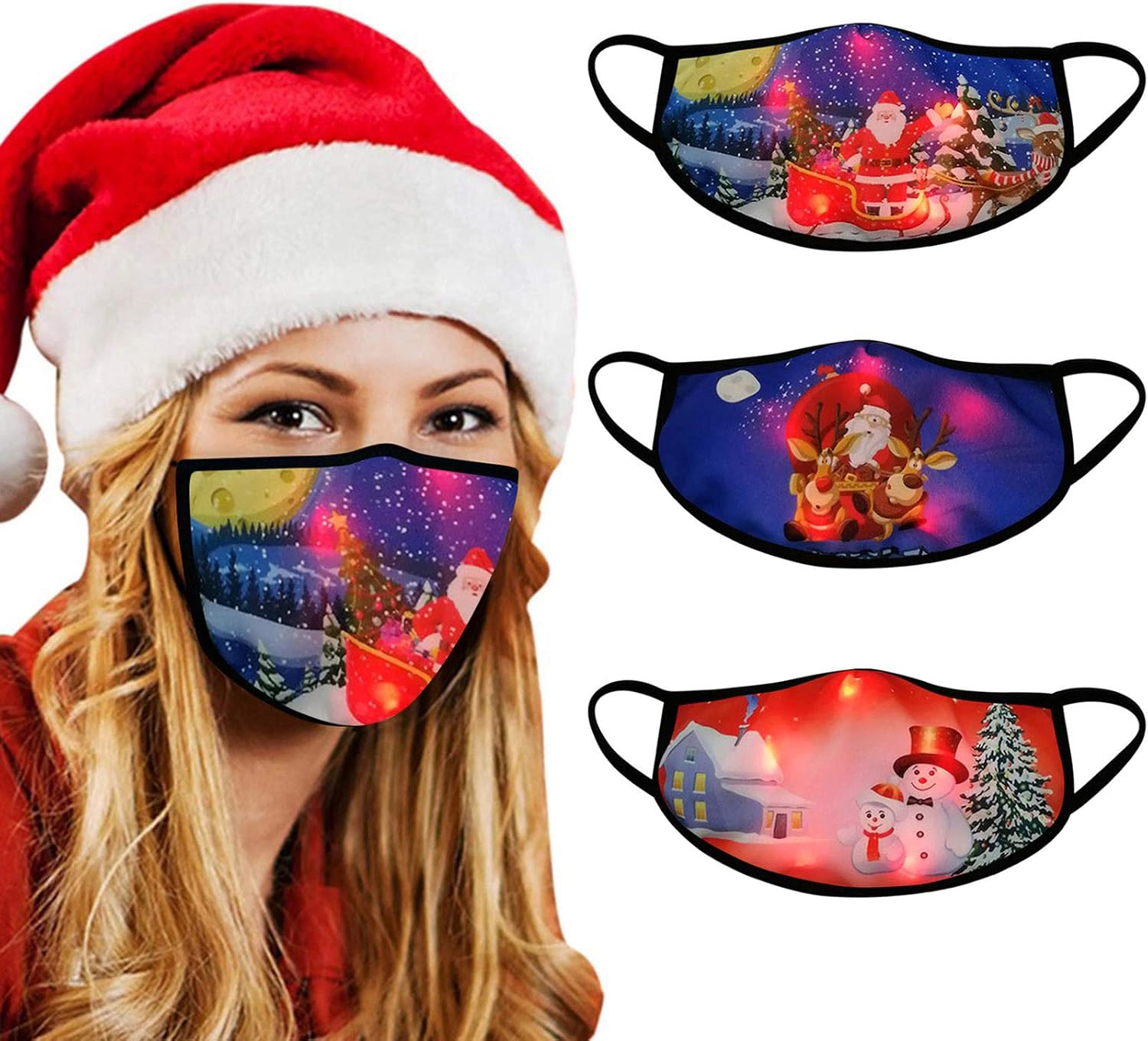 3/5PC Merry Christmas Holiday Face_Mask,LED Adult Cute Christmas Light
