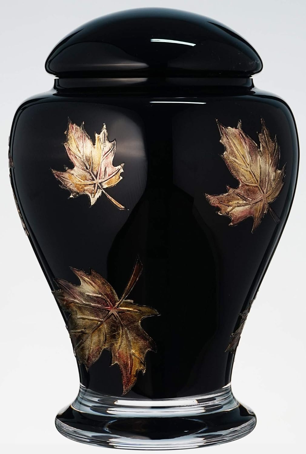 Black Memorial Urn for Human Ashes, Handmade Glass Cremation Urn, Decorated with Sandblasted Painted Metallic Brown Leaves - Image 3