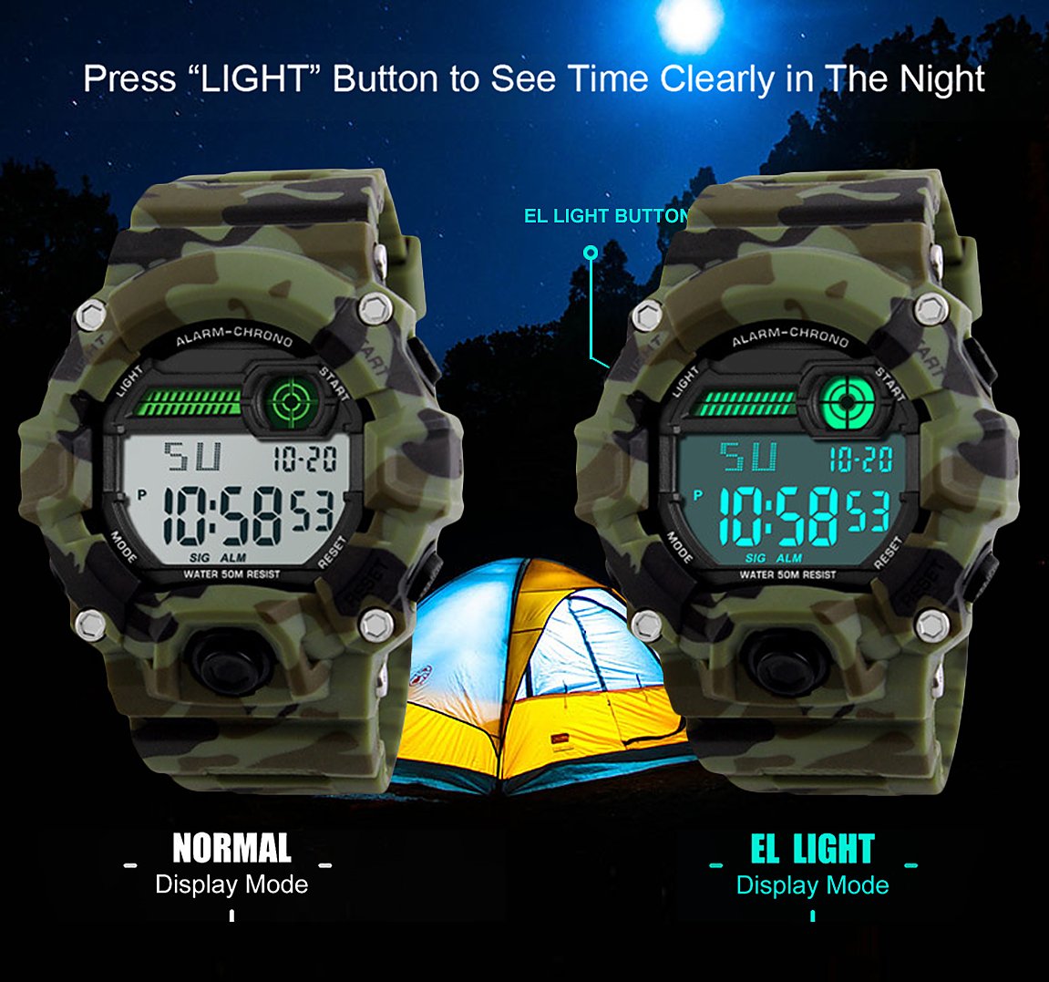 Kids Digital Watches, Boys Sports Military Watch with Alarm/Timer/Shock Resistant, Teenagers Childrens 5 Bars Waterproof Big Face Camouflage Electronic Wrist Watch for Boys by BHGWR