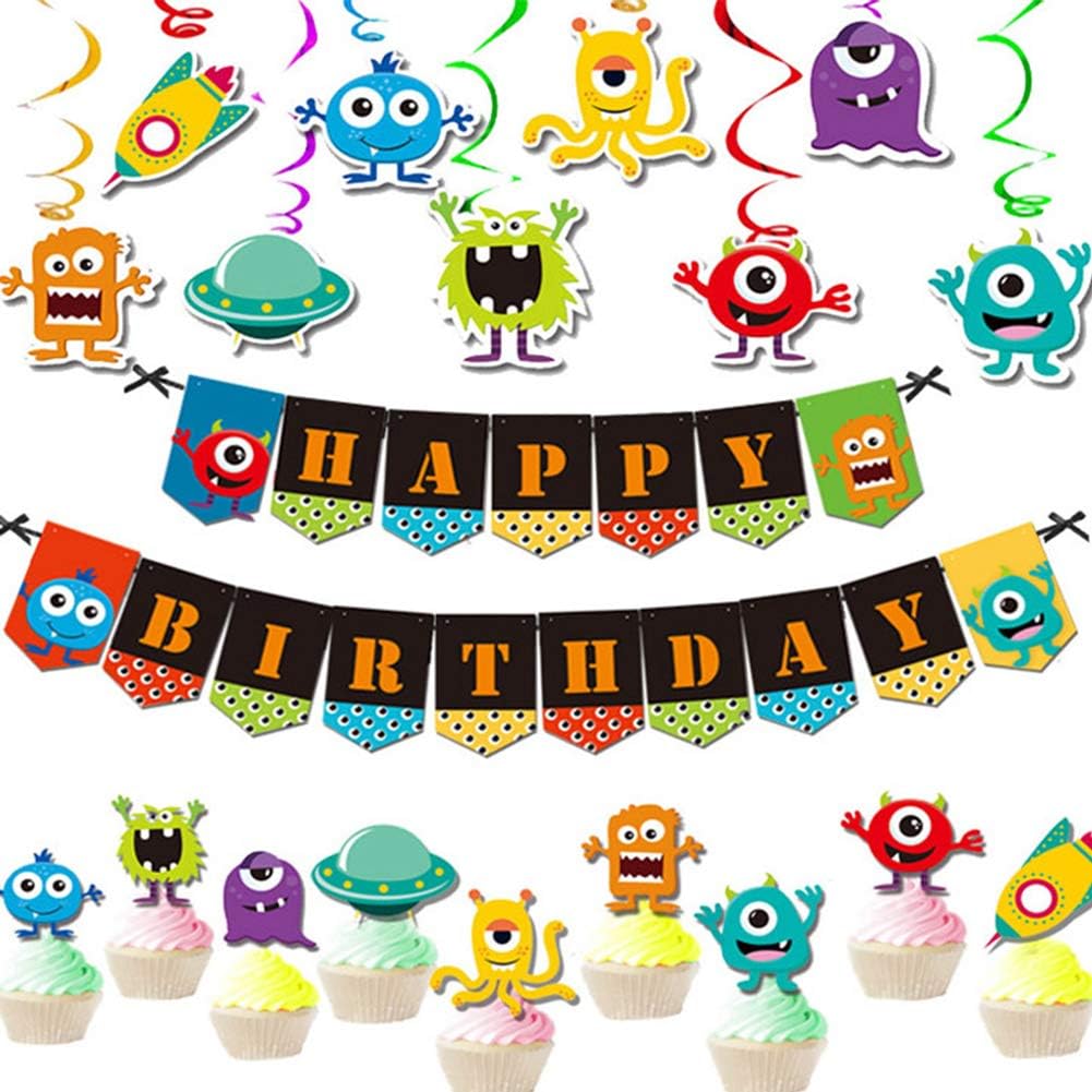 Monster Birthday Decoration Pack for Kids-Happy Birthday Banner Swirls Cupcake Toppers-Birthday Party Supplies for Kids Boys Girls
