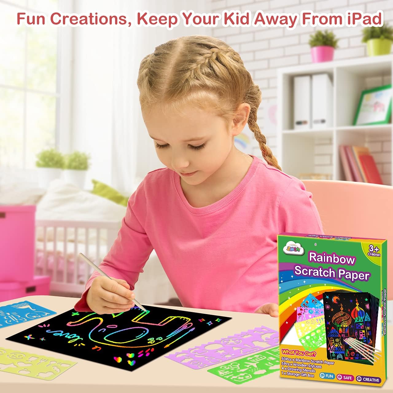 ZMLM Scratch Paper Art Set: 59Pcs Magic Drawing Art Craft Kid Black Scratch off Paper Supply Kit Toddler Preschool Learning Bulk Toy for Age 3 4 5 6 7 8 9 10 Girl Boy Holiday|Party Favor|Birthday Gift: Toys & Games