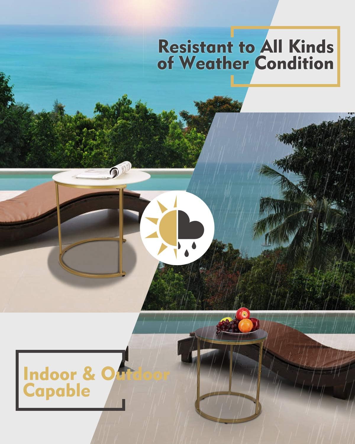 Modern Nesting Side Coffee Tables Set of 2, Tempered Glass with Glazed Marble Texture & Dark Gray Finish Top Waterproof Outdoor and Indoor End Tables, Stacking Table, ET219AB-WG: Kitchen & Dining