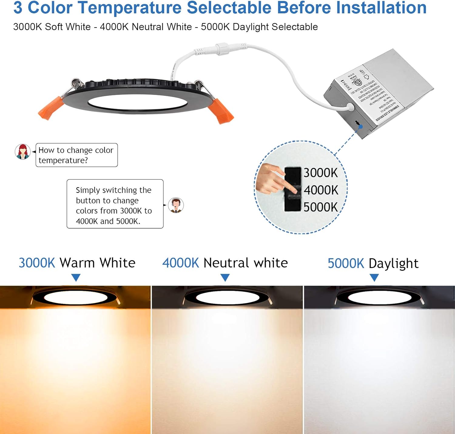 6 Pack Black 4 Inch Slim LED Recessed Light Canless Dimmable with Junction Box 9W 3000K-4000K-5000K Color Selectable - 120V Ultra Thin Downlight High Bright 900LM, IC Rated, Wet Location, ETL Listed - - 