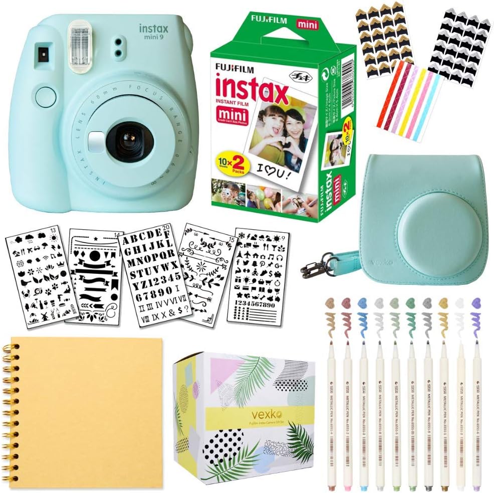 Fujifilm Instax Mini 9 Instant Camera (ICE Blue) + Fuji INSTAX Film (20 Sheets) + Bundle with: Groovy Camera Case + Scrapbook Photo Album + Stencils + Metallic Markers + Photo Corners
