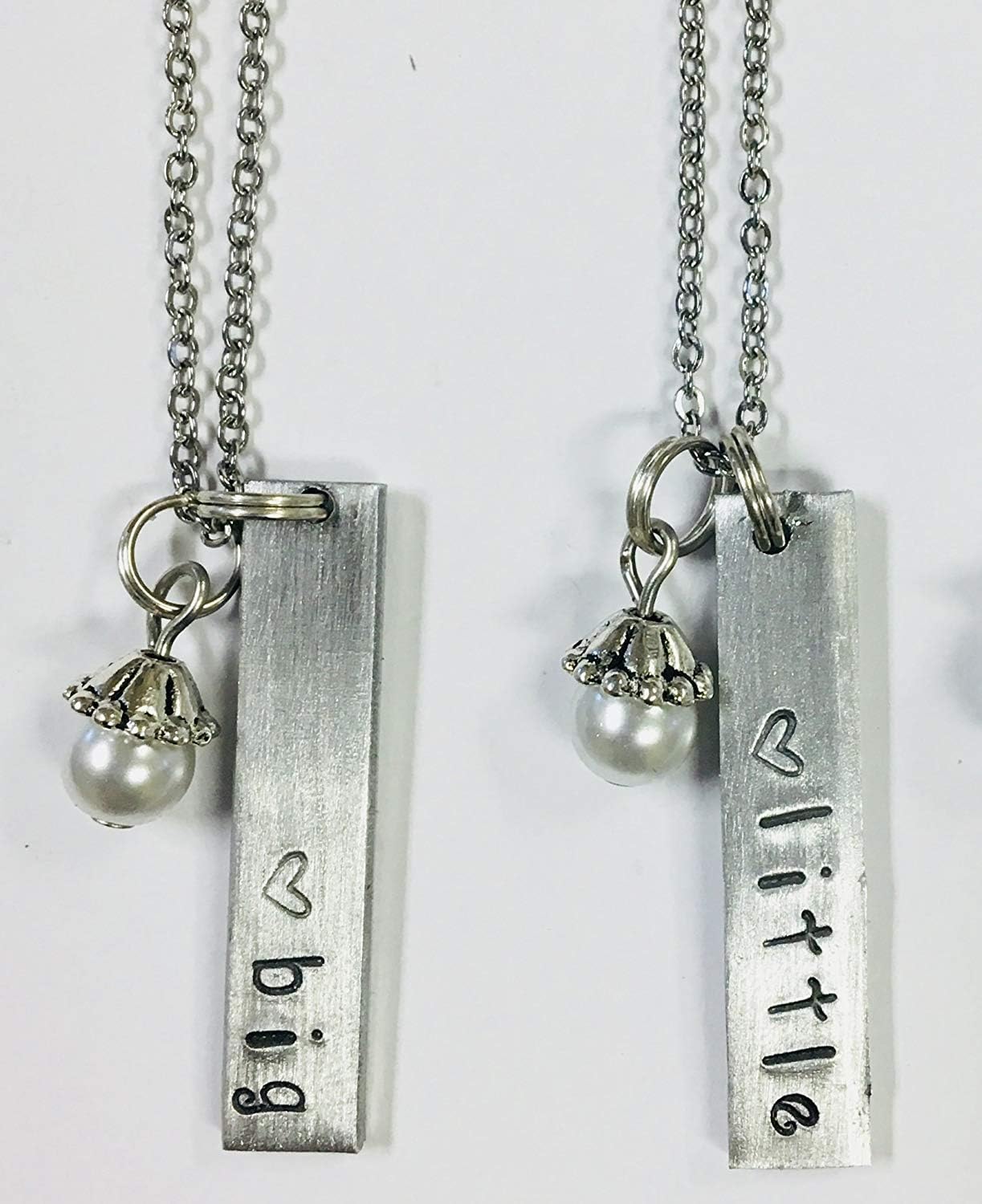 Big Little Bar Pendant Sorority Greek Necklace Set - Handstamped Bar Charms with a  Glass  Pearl Dangle accent on an 18 inch stainless steel link chain