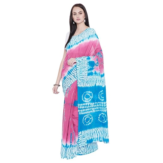 Finest Quality Cotton - Handmade Shibori Blue and Pink- Tie and dye Saree with Blouse Piece RDSNSA0118
