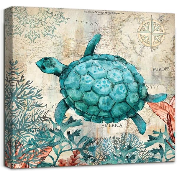 Amazon Com Beach Coastal Bathroom Wall Art Decor Canvas Print Sea Turtle Picture Framed Artwork Ready To Hang For Home Bedroom Living Room Wall Decoration 14x14 Posters Prints