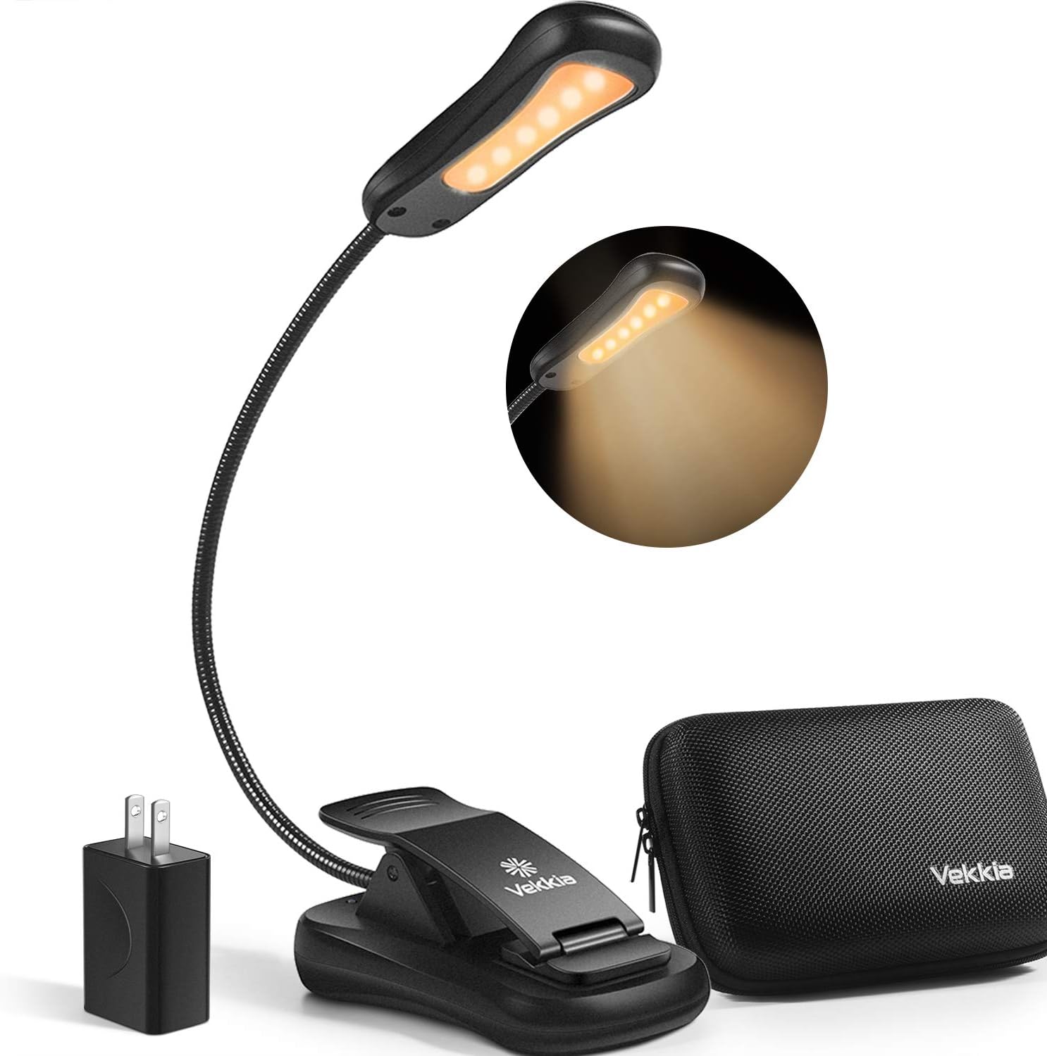 Vekkia Book Light Set with Charger, Clip on Reading Light in Bed with 3 Brightness, Up to 60 Hrs, Rechargeable, Eye-Care Warm LED for Read Before Bed. Perfect Gift Choice（Incl Travel Case, Cable): Home Improvement