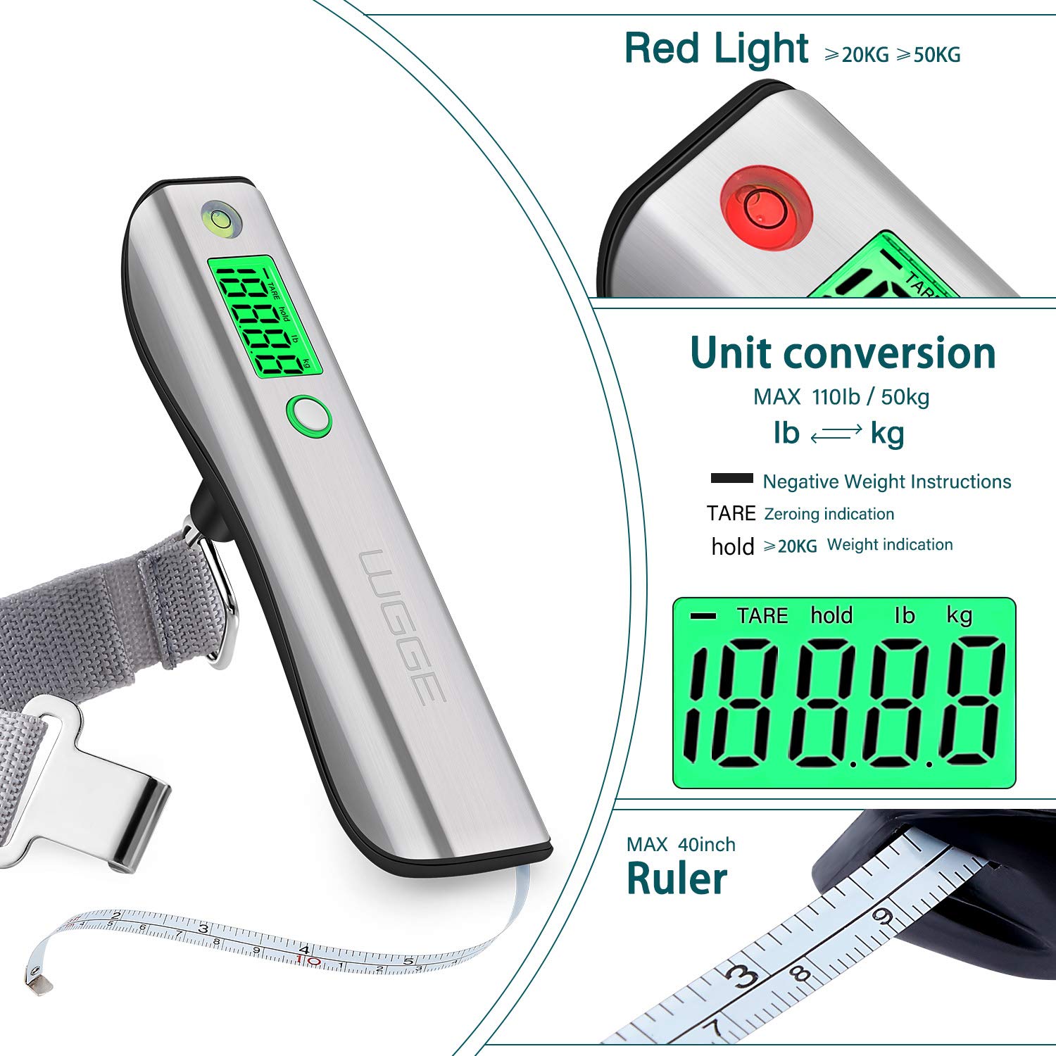 Digital Luggage Scale, WGGE Travel Luggage Weight Scale, Max 110lbs/50kg Baggage Scale with Backlit LCD Display: Industrial & Scientific