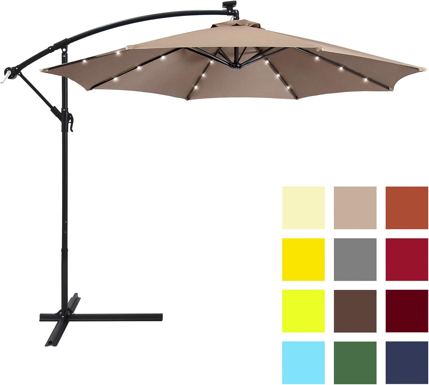 Patio Umbrella 10 Ft Led Solar With Base Offset Hanging Sun Shade Market Tan New