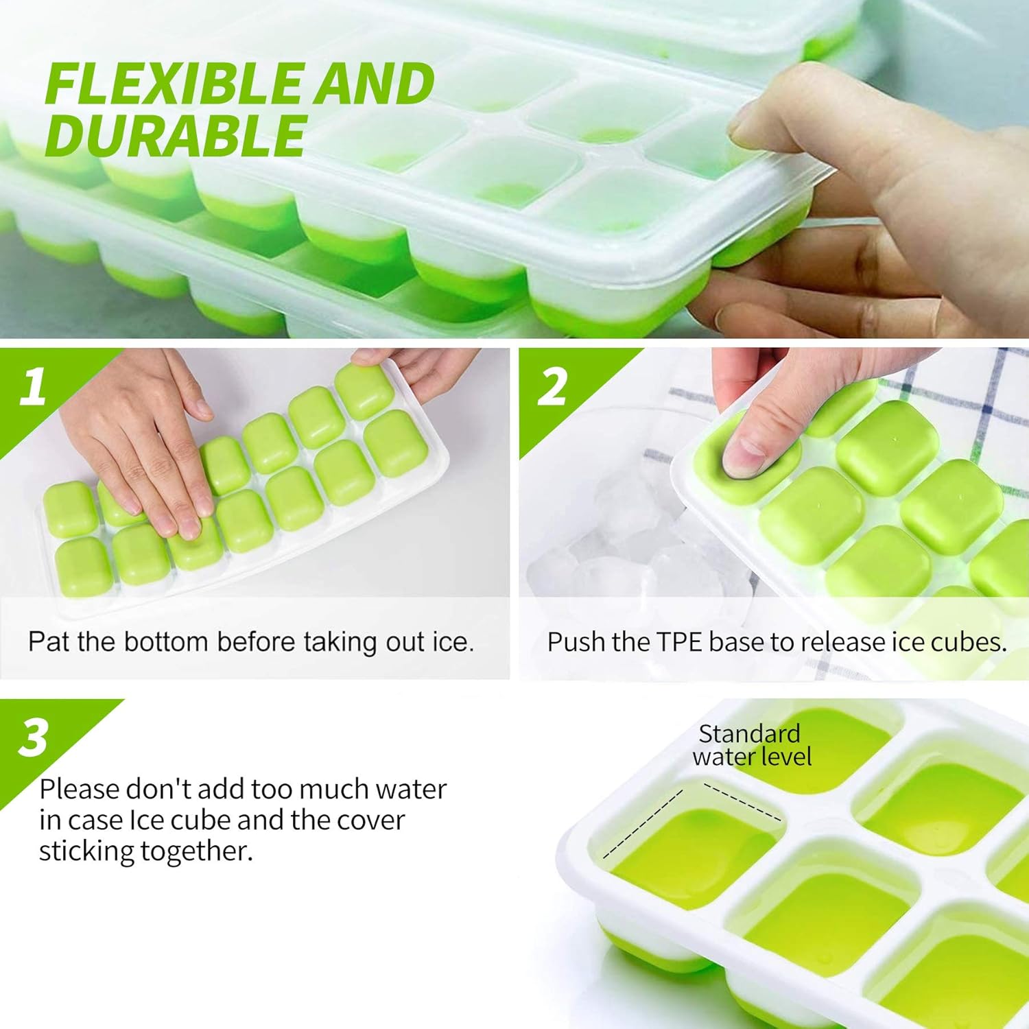 DOQAUS Ice Cube Trays 4 Pack, Easy-Release Silicone and Flexible 14-Ice Cube Trays with Spill-Resistant Removable Lid, LFGB Certified and BPA Free, for Whiskey, Cocktail, Stackable Flexible Ice Molds: Kitchen & Dining