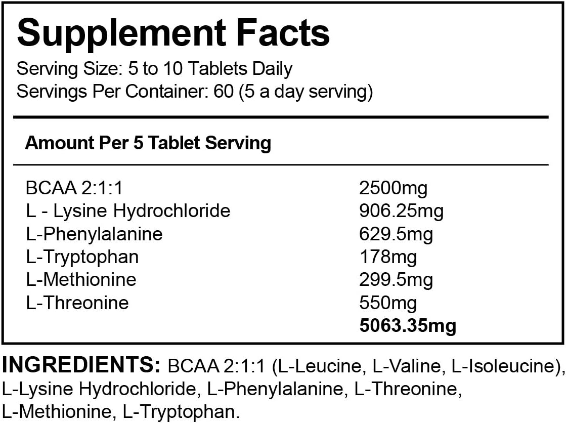 Essential Amino Acids, Full Spectrum EAA & BCAA Tablets for Muscle Recovery 300 Vegan Pills (60 Servings) - Image 5